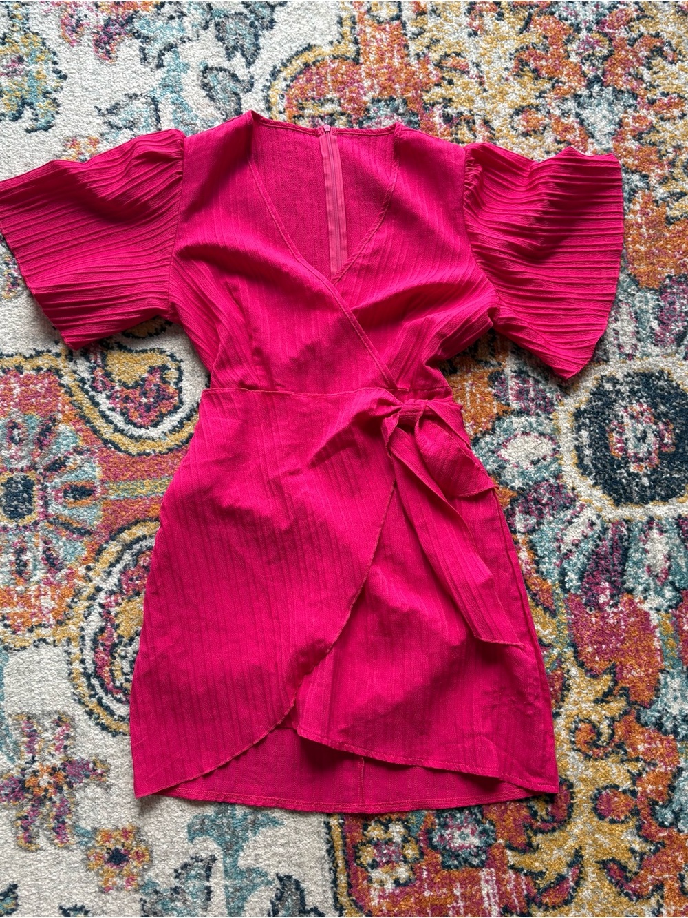 SHEIN Hot Pink Pleated Sleeve Wrap Mini Dress